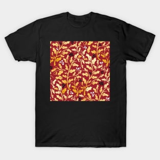 Red and Gold Christmas Holly leaves and berries pattern T-Shirt
